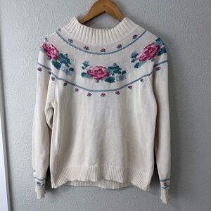 Eddie Bauer Cream Sweater with Floral Design Women’s medium cottagecore cotton